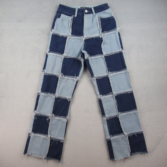 Nasty Gal Denim - Nasty Gal Collection Patchwork Denim Jeans Blue Two Tone Raw Hem Size 8 3568